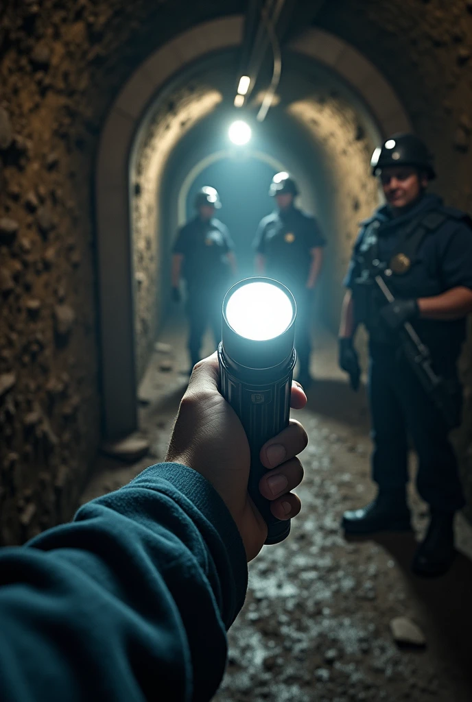 Underground mine first person view showing only one arm holding a white flashlight, police arms, metal gate
