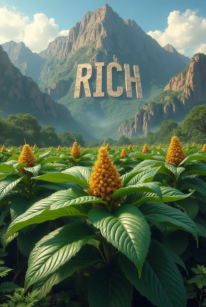 A tobacco and in the background there is a mountain that says rich