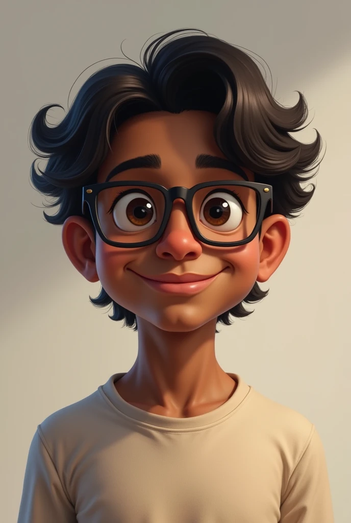 A 2 dark-skinned young man with glasses and wavy hair, 1 m tall.70 brown eyes, chubby, beardless and with clothes