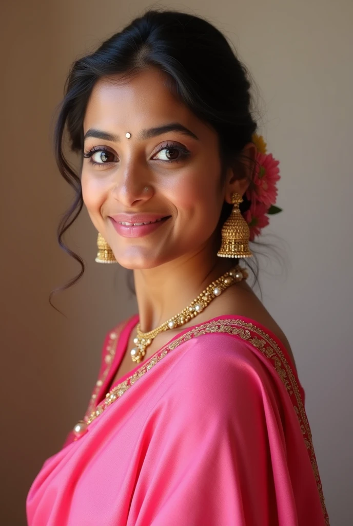 A beautiful indian girl in pink saree and smiling on face and sandal in he feet