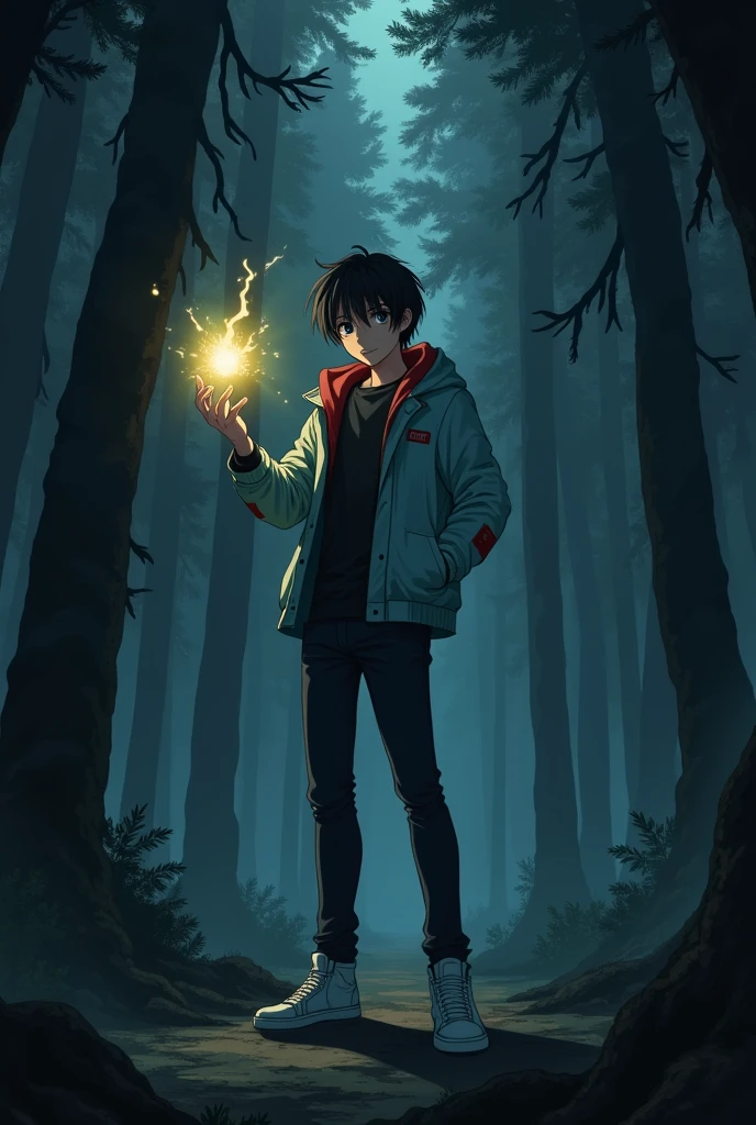 The image is anime style with shadows and dim lights, anime style although somewhat adult and dark, It shows a single 2 man who has black eyes and medium-long black hair as well., She is wearing a very beautiful and detailed light blue jacket with red details and white sneakers.. with his left arm raised forward glowing yellow, as if it were regenerating. The background of the image is a forest.