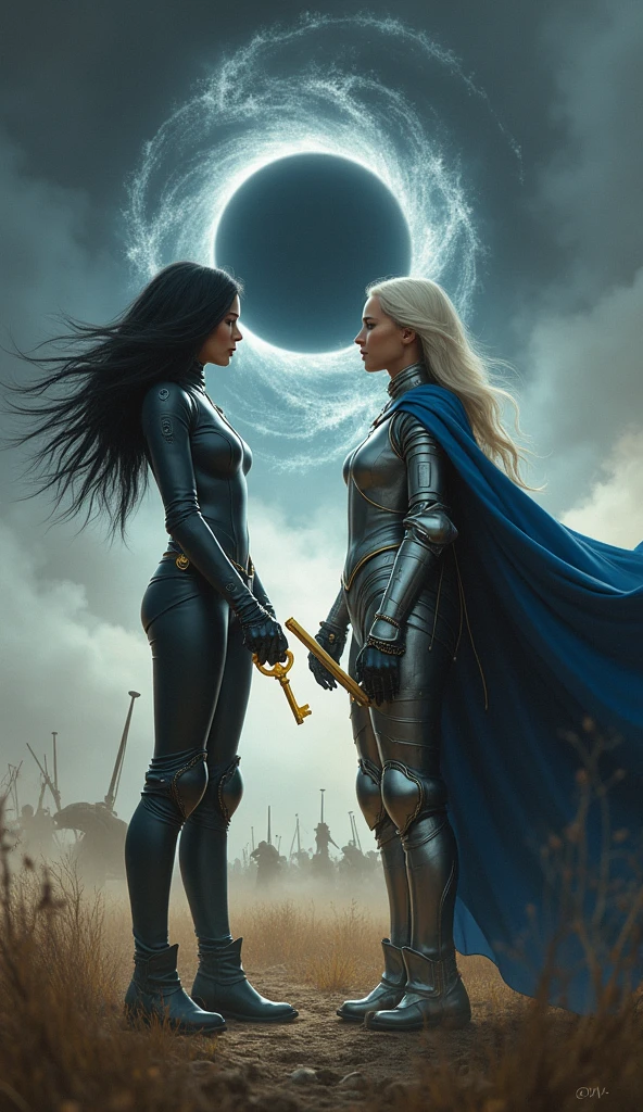 「Eclipse emerges from a swirling black hole into a dramatic historical battlefield of the Hundred Years' War. She is seen in profile, with her jet-black hair flowing and her sleek gray leather suit standing out against the medieval setting. In front of her, Jeanne d'Arc, dressed in her iconic silver armor with a flowing blue cape and holding a sword, is positioned in a dynamic stance, ready for battle. Eclipse, holding a glowing golden mechanical key and a small futuristic device, looks towards Jeanne with a mixture of curiosity and caution. The two figures are side by side, their contrasting appearances—Eclipse’s modern attire versus Jeanne’s medieval armor—creating a striking visual. The background is a dramatic mix of medieval and otherworldly elements, with the swirling dark energy of the black hole blending with the chaos of the historical battlefield. The scene is filled with the haze of battle, adding to the intense and surreal atmosphere where time periods and realities collide.」