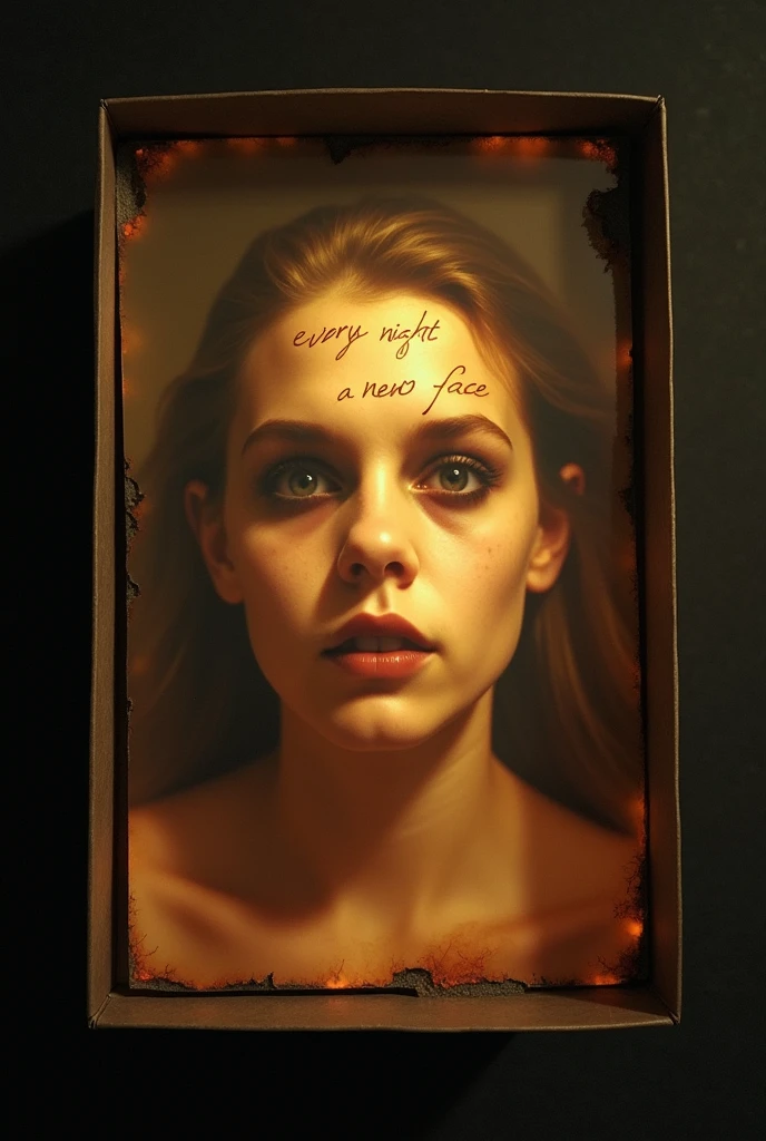 3. **The Photograph**: Inside the box, a blurred, burned photograph of a face, with a strange and frightening glow. The photo has "Every night, a new face" written on it.