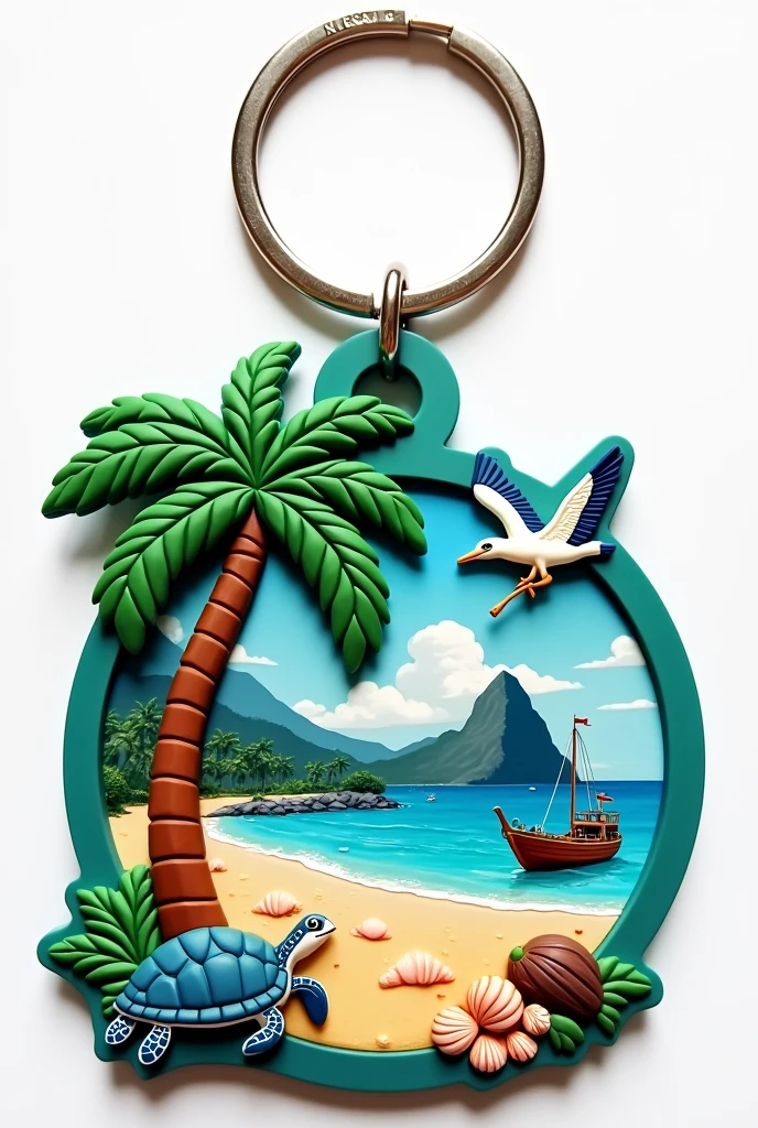 beautiful rubber keychain, with coconut tree, sea turtle, heron, Seashells, beachfront, big fishing boat, main stone mountain