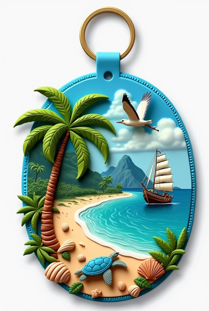 beautiful rubber keychain, with coconut tree, sea turtle, heron, Seashells, beachfront, big fishing boat, main stone mountain