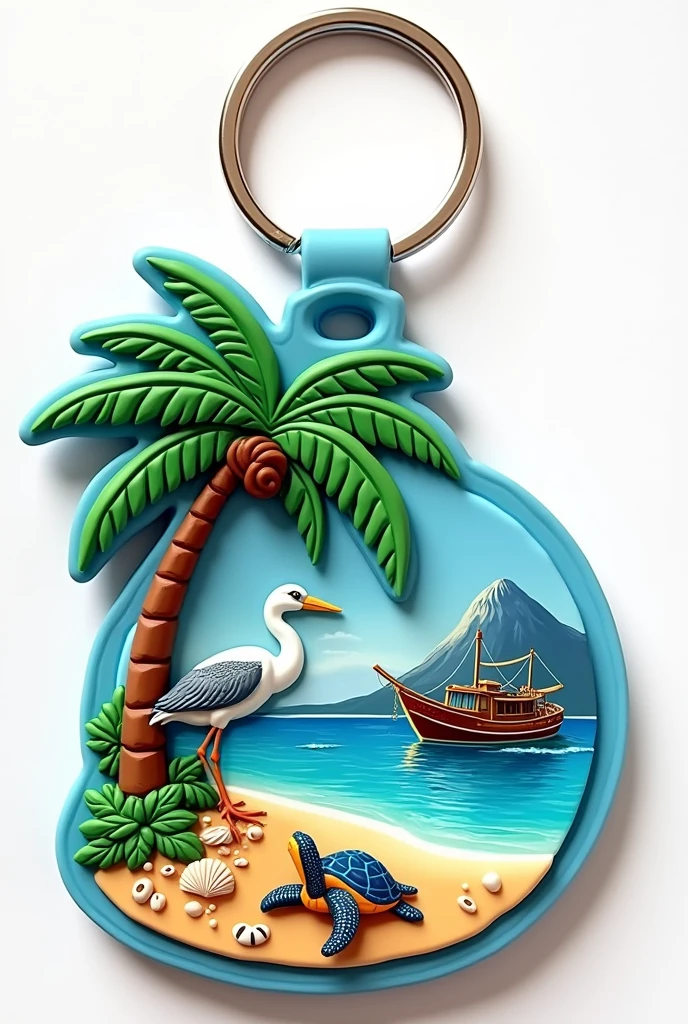 beautiful rubber keychain, with coconut tree, sea turtle, heron, Seashells, beachfront, big fishing boat, main stone mountain