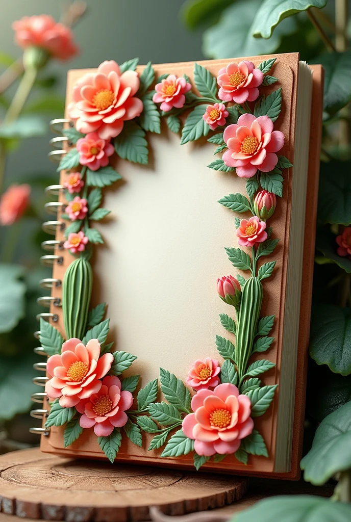 Vintage diary with 3D small flowers and tree sides and cactus that a princess will have