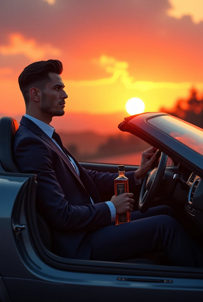Homme brun sexy en costumes assis au volant d'un voiture de sport qui regarde le lève du soleil et bouteille de whisky a la main