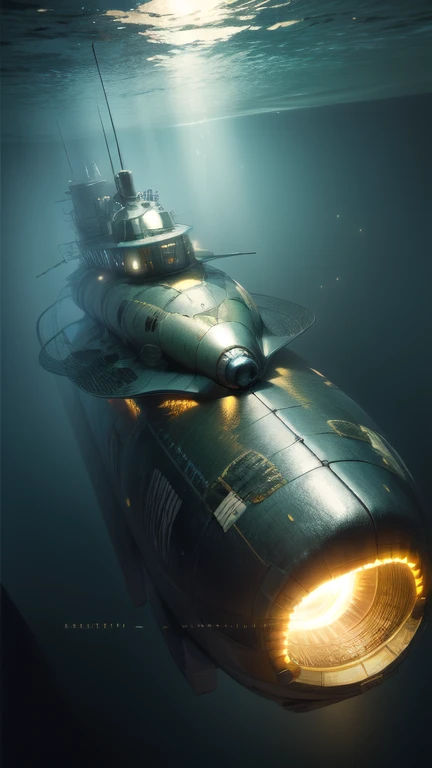 Fantasy，8k,Extremely detailed, masterpiece,High resolution,Highest quality,Increase the resolution,Cinema Lighting,Different space，Ultra Wide Angle，6-dimensional world，Giant submarine，Submarines are the main focus，Ancient Undersea City，deep sea，Japan Trench，Dazzling Light，In the vast ocean，眼下にAncient Undersea Cityが広がる、vast composition，deep sea6000m,Diagonally from above