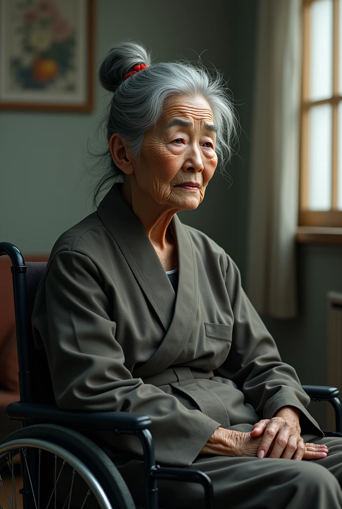An elderly Japanese woman sitting in a wheelchair. She has a frail appearance, with gray hair and a kind but tired expression. The setting is indoors, with soft lighting, creating a calm but somber atmosphere.