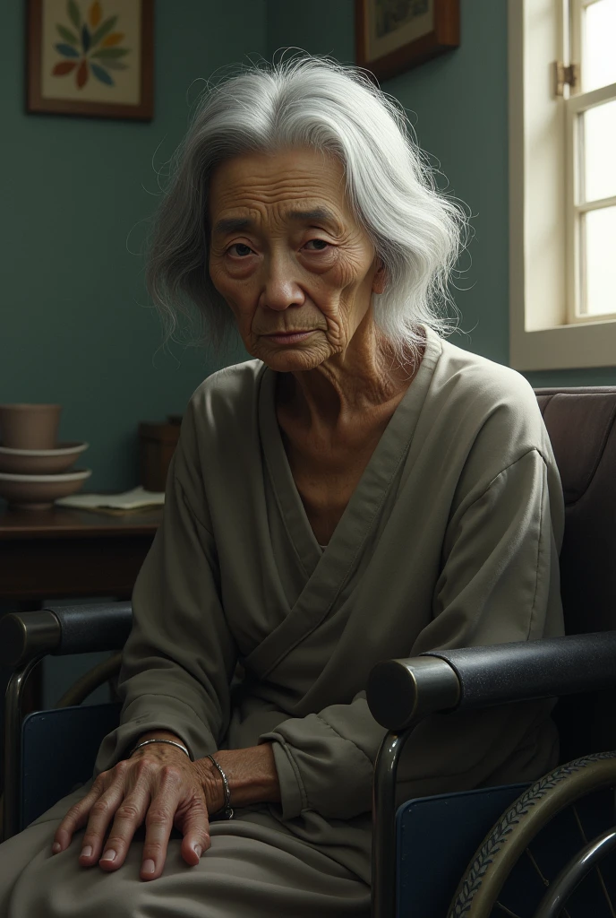 An elderly Japanese woman sitting in a wheelchair. She has a frail appearance, with gray hair and a kind but tired expression. The setting is indoors, with soft lighting, creating a calm but somber atmosphere.