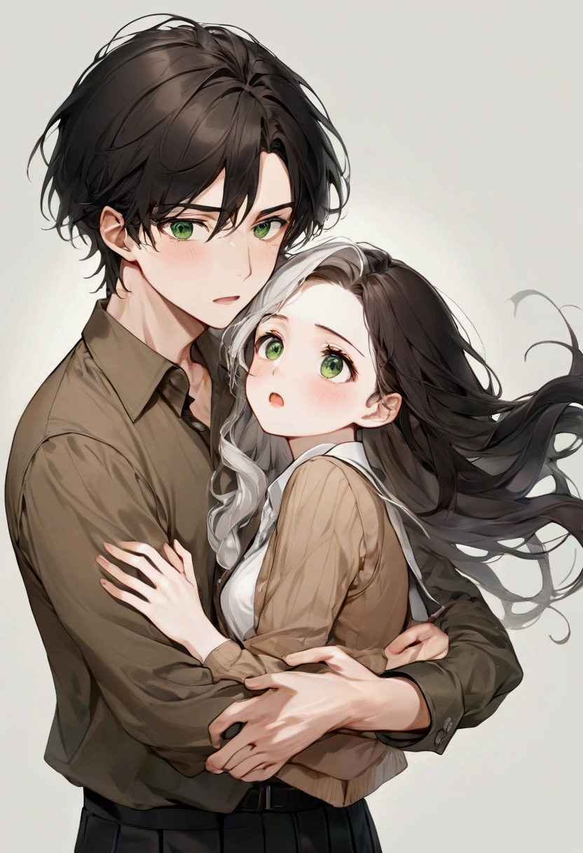 Create an image, in the style of drawing for book cover, of a young woman of about twenty-three years old with long hair, brown in color and wavy, green eyes and white skin, she must be in the arms of a man both with a slightly surprised expression, as if she had fallen and he had caught her before it happened. This man must look young too, with white skin and black hair, he must be tall and have an athletic body, broad shoulders and steady hands. Your face should be masculine with strong eyebrows and dark eyes.. Men&#39;s hair should be slightly wavy, almost smooth and black in color. She should be wearing a black pleated skirt above the knees with an ivory colored button-down long sleeve blouse., over the shirt she must be wearing a brown sleeveless sweater and tractor moccasin shoes, and he must be wearing a white button-down shirt tucked into his black pants, his shirt sleeves should be rolled up to about the elbow and a brown oxford dress shoe. The image should convey a youthful and fun air., She should look like a flustered young lady who is surprised by the situation and he should look like a firm, sarcastic man who is pleasantly surprised by the situation.