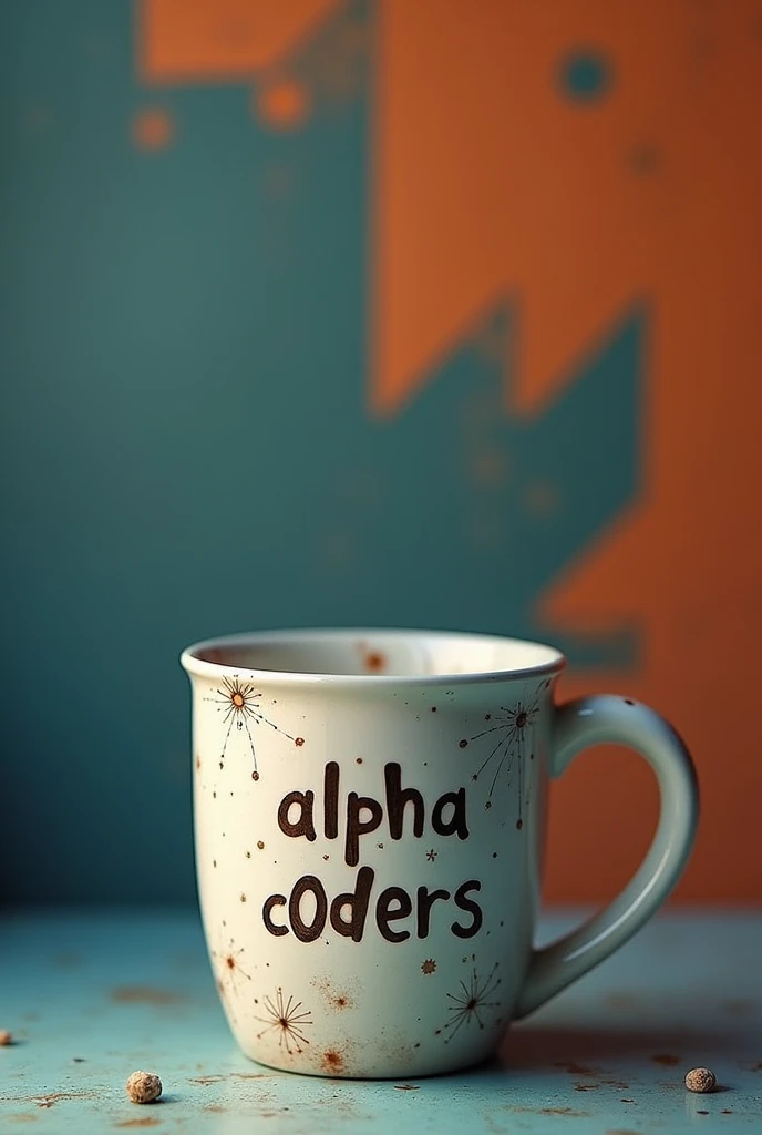 Coffee mug with a youthful design, with an engraving that says "alpha C0ders", which reflects youth, intelligence, perseverance, courage. In the background a wall with a large painting with the logo of the JavaScript, "JS", programming language
