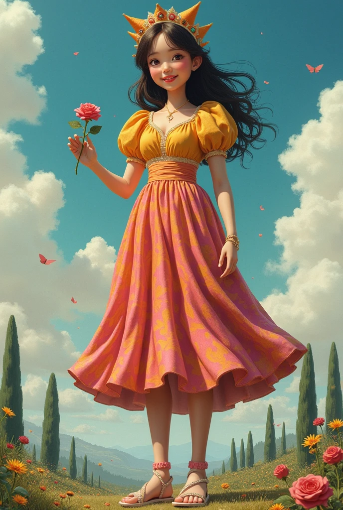 A huge giant girl wearing cheerful clothes holding a small rose as humans do, realistic, true to life, high resolution details, full picture like life