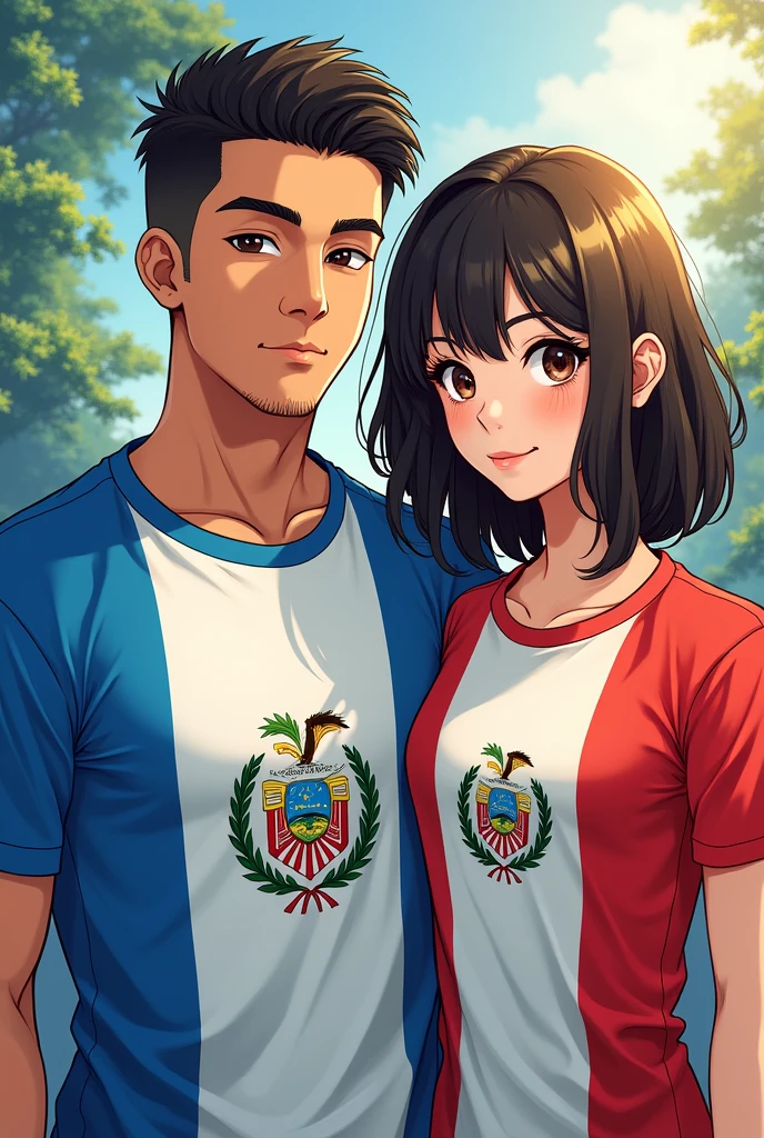 GUATEMALAN MAN AND ECUADORIAN GIRL WITH shirt FLAGS as a anime character for a profile picture