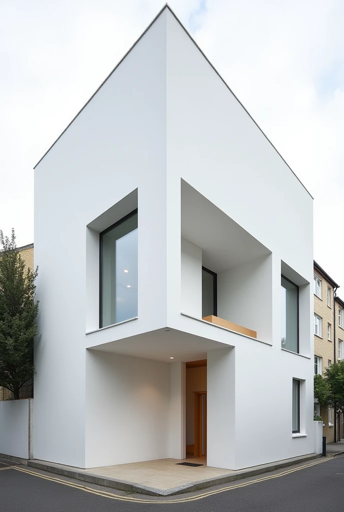 "Create an artistic photograph of a modern contemporary home designed by SANAA architects. The house should feature cube-shaped spaces and partitions with a sleek, minimalist design. The exterior should be predominantly white, highlighting a clean and modern aesthetic. Capture the scene with a close, frontal view, emphasizing the geometric structure of the home. The setting is a street in London, blending the contemporary architecture with the urban surroundings.