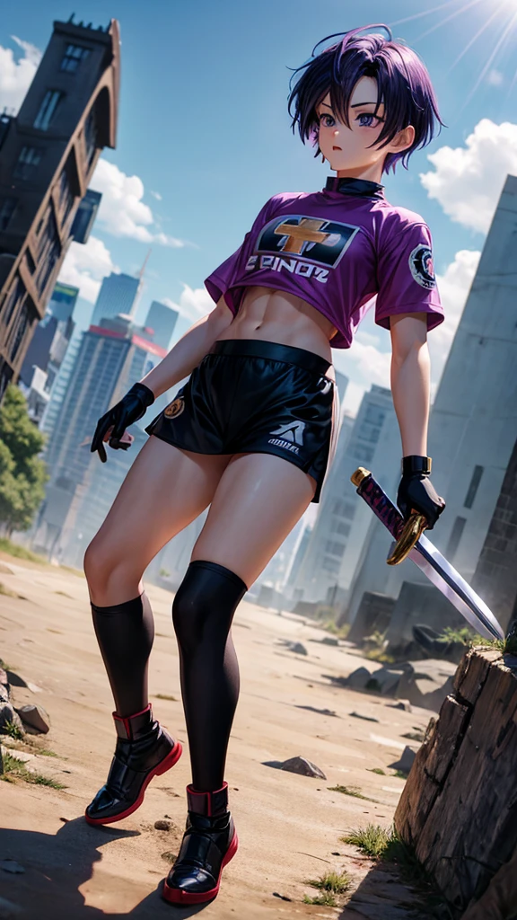 Trunks Femboy short purple hair from Dragon Ball Z with long Manchester United shirt and black gloves,black skirt with white,Black socks with white and on the ground with his sword with a black Manchester United shirt with squares on the stomach