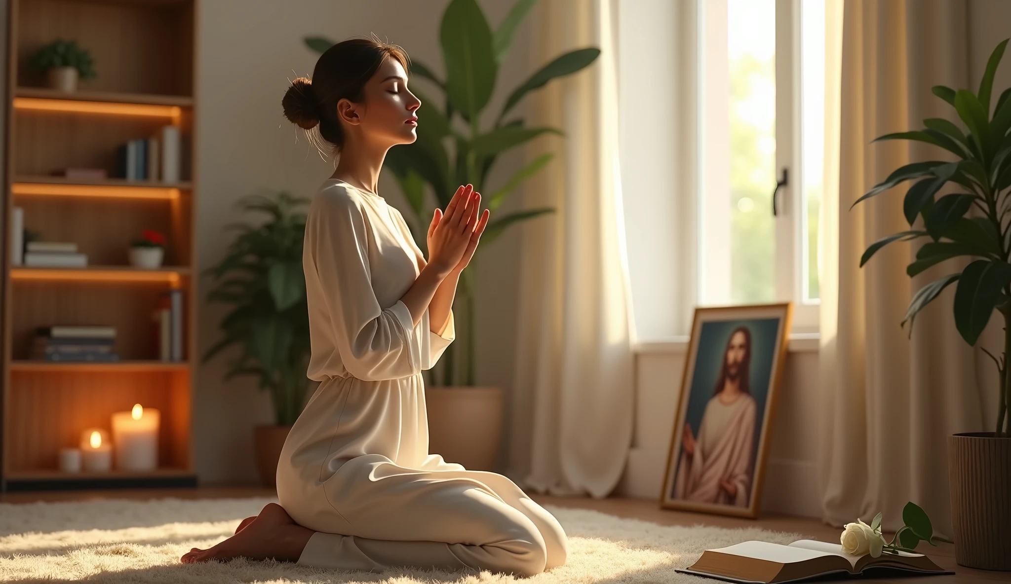 ultra realistic image of a 30 year old woman kneeling with her eyes closed thanking God for another day that begins, dressed in a refined manner, in the living room of your home with modern decor, in the background plants, illuminated wooden bookshelf, happy jesus with open arms picture, on desk, burning candles, the bible with a white rose inside, daylight coming through the window and illuminating her head, convey depth