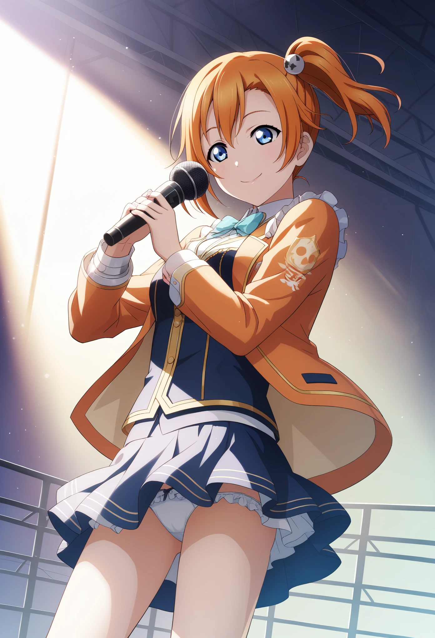 (((Diameter-downward view of skirt,))), (masterpiece, Highest quality, High resolution), score_9, score_8_superior, score_7_superior, score_6_superior, sauce_anime, One person, Honoka Kousaka, lovelive!, score_9, score_8_superior, score_7_superior, score_6_superior, sauce_anime, blue eyes, Orange Hair, Medium chest, Side Ponytail, Medium Hair, Idol, Dancing energetically,Holding a microphone in your left hand, Outdoor, μsIdolドレス, loveliveのIdolドレス, stage, Outdoor, sunlight, Idolコスチューム, White panties, Frilled Panties, Panty shot, alone, A big flip-up dress, skirt, Smile wide open