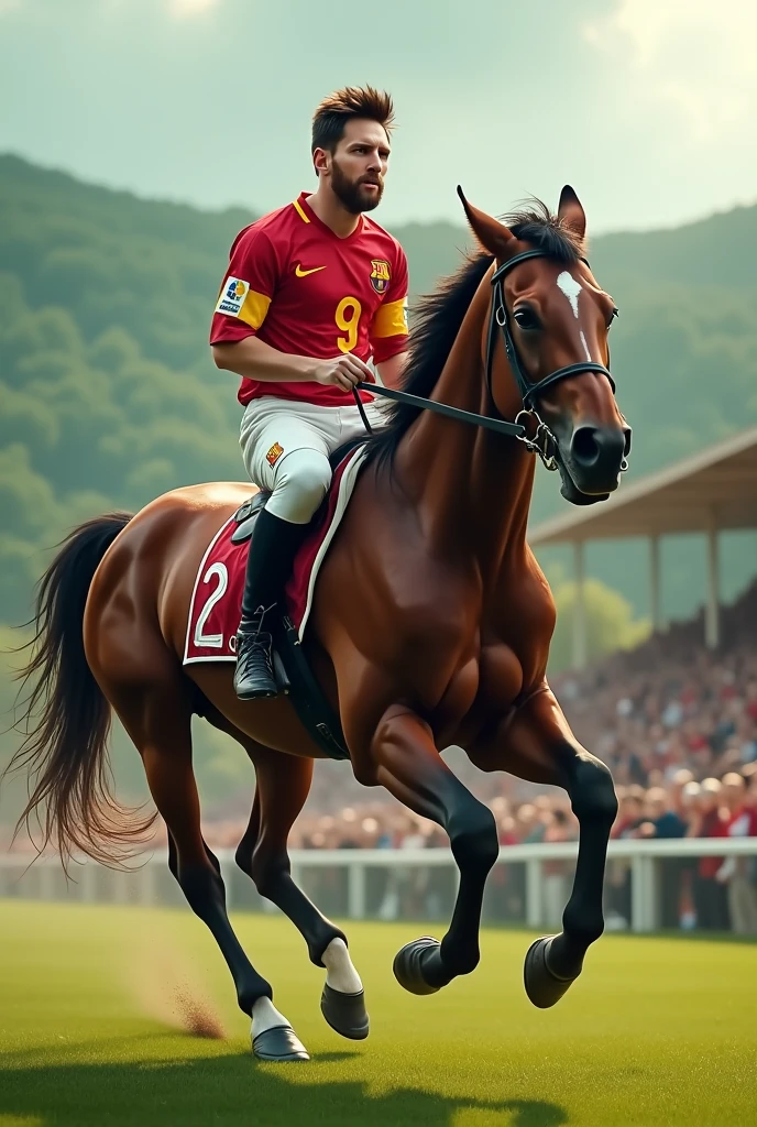 messi is driving a horse in a horse rase.