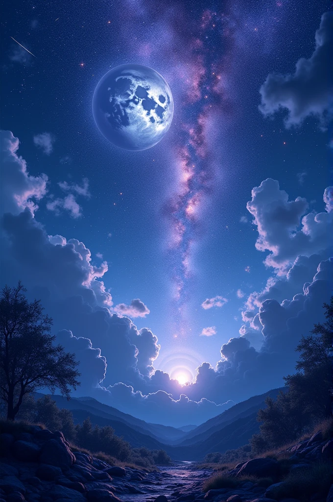 Blue and purple night sky with a big moon, shooting stars, and milky way