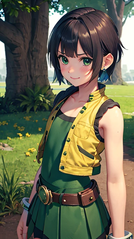 (1girl, solo, highly insanely detailed, masterpiece, top quality, best quality, highres, 4k, 8k, RAW photo),((innocent look)),((Childish)),From the front, symmetrical composition,smile,cute,Innocent,Kind eyes,Flat chest,Hairless vagina, Cameltoe,Gunsmithff7r style, forest, ppgzbtc, green eyes, short hair, earrings, yellow vest, green skirt, FFIXBG