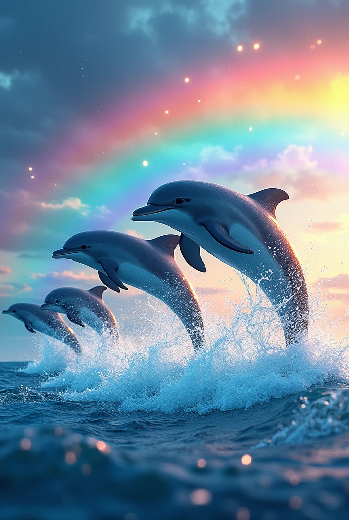 Dolphines jumping out off water with rainbow and colorful things