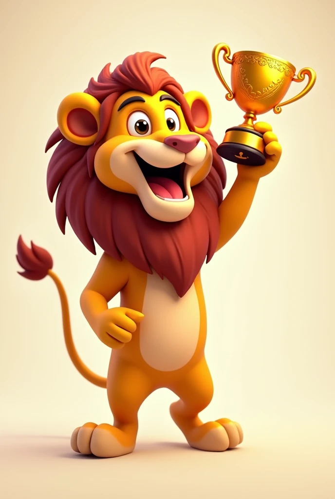 An animated lion holding a trophy