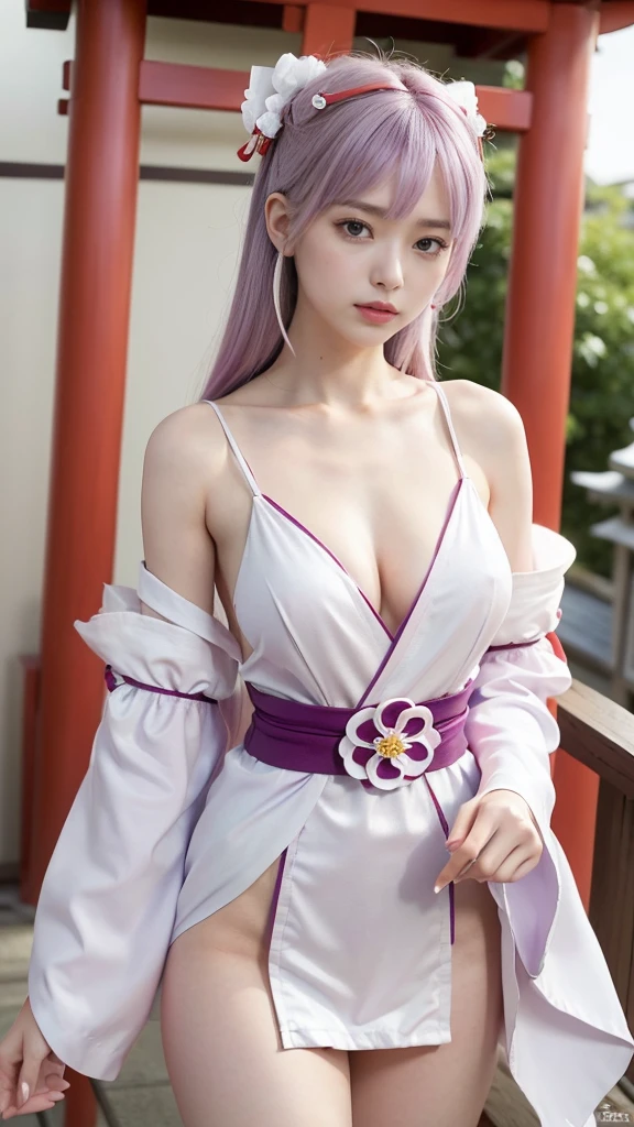 (best quality:1.4), high resolution, masterpiece,, 1 Girl,, Lilac hair, Purple Eyes, (Kemomimi), Medium , Bare slender thighs,, Hair accessories, (Red|White Japanese shrine maiden costume), Separate sleeves,, blush,, lantern, shrine,, Delicate face,