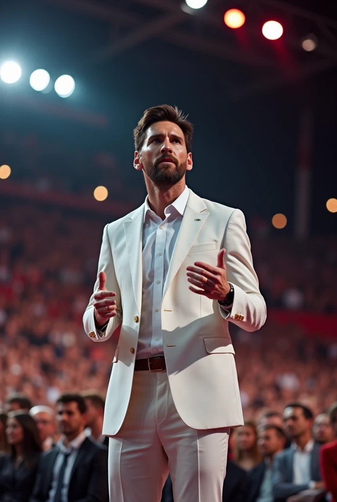 Messi is a political party leader. Messi is speaking in front of a crowd at a political conference wearing white dress.messi's face must be in front of camera 