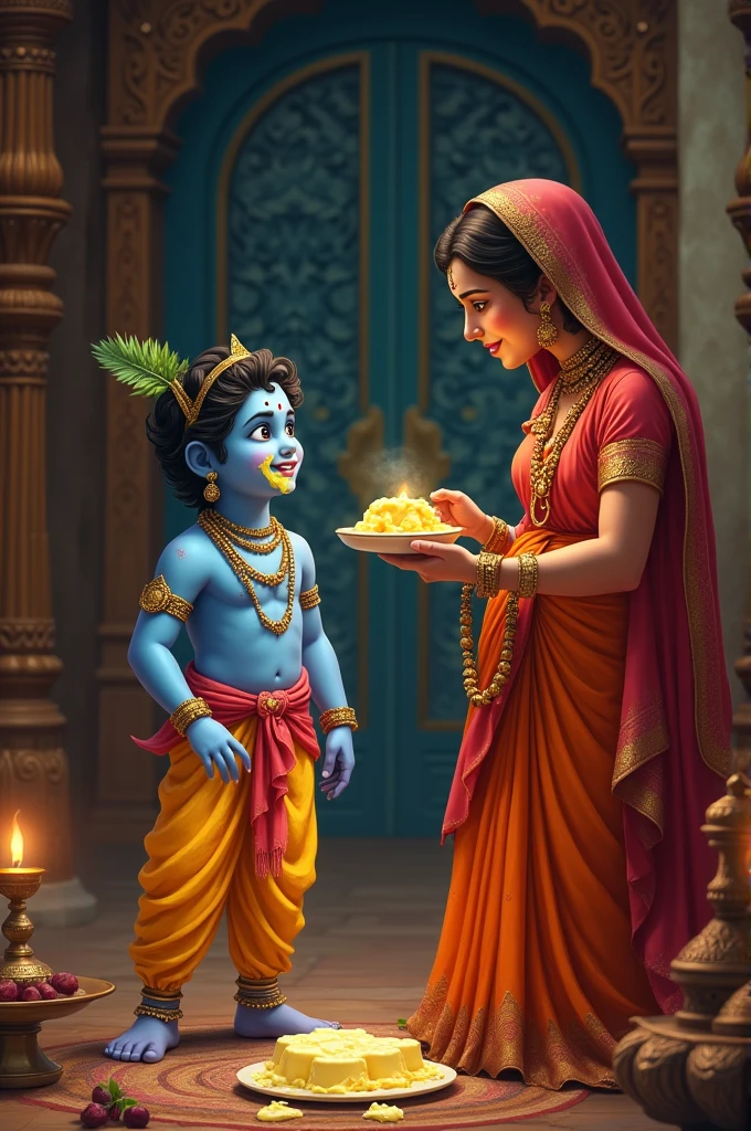 Generate an image of lord krishna eating butter and his mother scolding