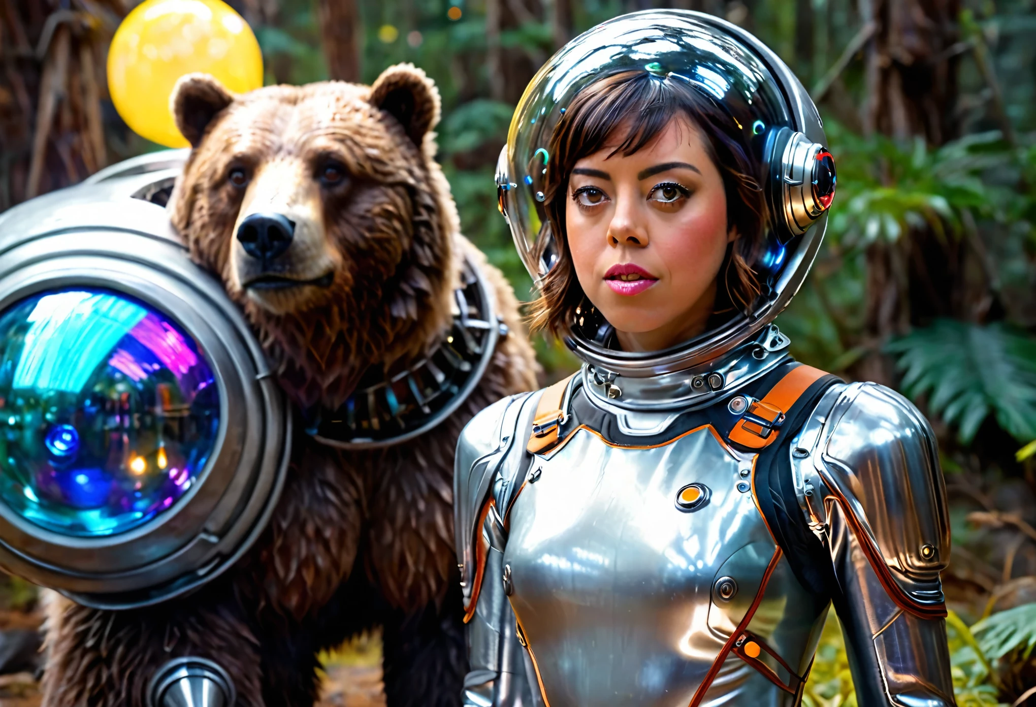 a beautiful girl (aubrey plaza) in a 60s sci-fi styled spacesuit, sexy silver space swimsuit, bubble helmet, fancy electronic tools, being guarded by her (brown bear cyborg companion, blinking lights, mechanical components) in a bubble helmet, on an alien world, 8k, extremely detailed, photorealistic, cinematic lighting, vibrant colors, concept art style