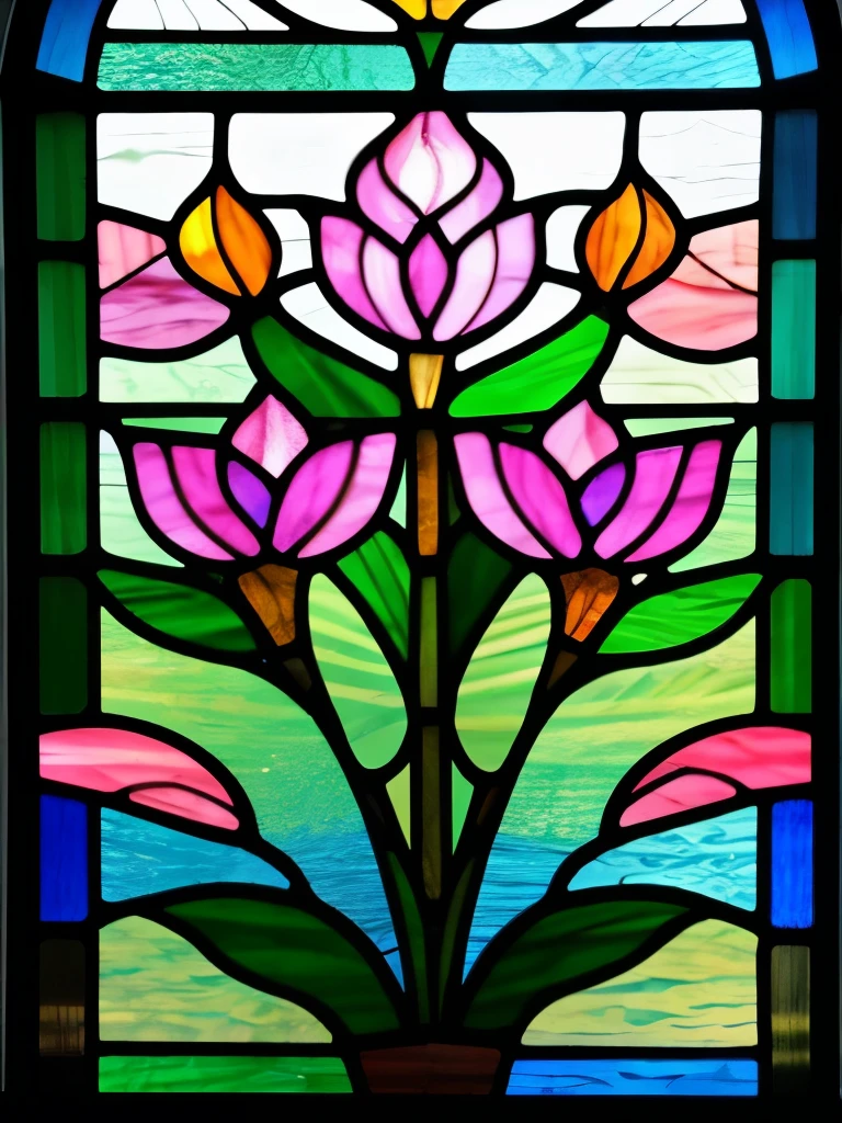 a stained glass window with pink flowers and leaves, by Louis Comfort Tiffany, stained glass!!, stained glass art, stained glass, stained glass window!!!!!, with lotus flowers, beautiful stained glass window, stain glass, stained glass style, beautiful glass work, (art nouveau), ( art nouveau ), art nouveau, backlit stained glass, inspired by Louis Comfort Tiffany