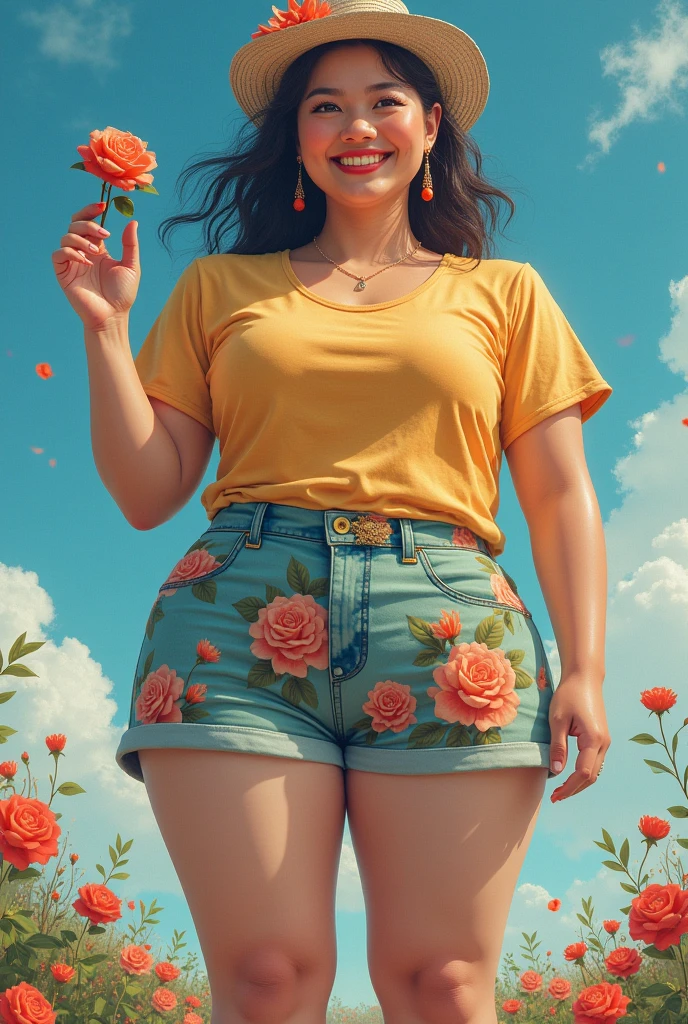 A huge giant girl wearing cheerful clothes holding a small rose as humans do, realistic, true to life, high resolution details, full picture like life
