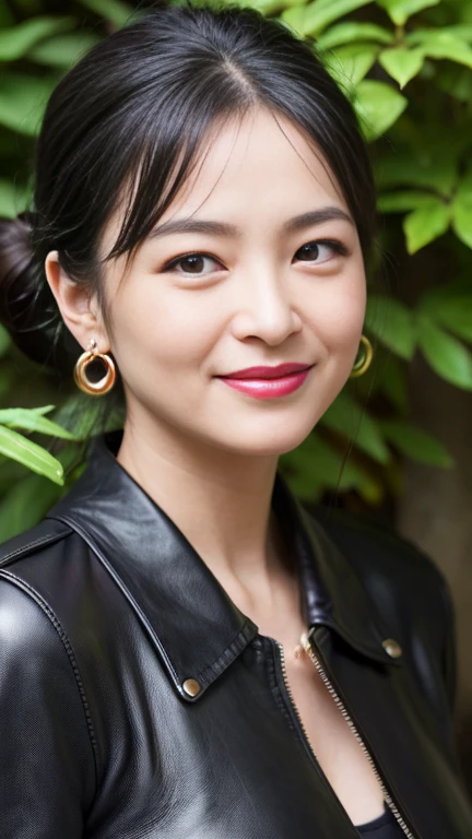 最high quality, 8k, Vibrant, Sharp focus, high quality, High resolution, Middle-aged women, Mature Woman, 5, (Whole Body Ezbian), (High heels face detail, Highly detailed eyes, Plump figure、Plump face、((big 1.6))、((Black leather clothing))、garden、Random Hairstyles、A kind smile、(((Don't show your chest)))、