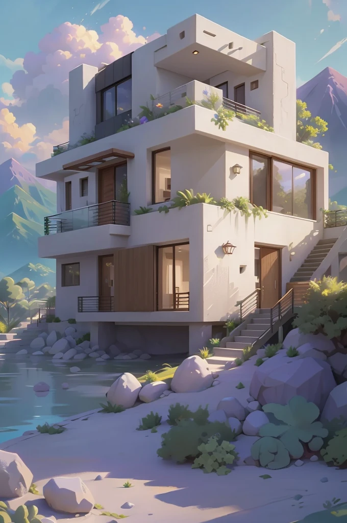 small and beautiful modern house in top of big boulders, terraces, pool, stairs, multiple cacti gardens, palms, trees, rocks, beautiful landscape design, mountains and volcano y background, amazing clouds, sun, moon, planets, milky way galaxy, concrete, wood, glass and steel materials, olive green, violet, orange and withe colors in facade