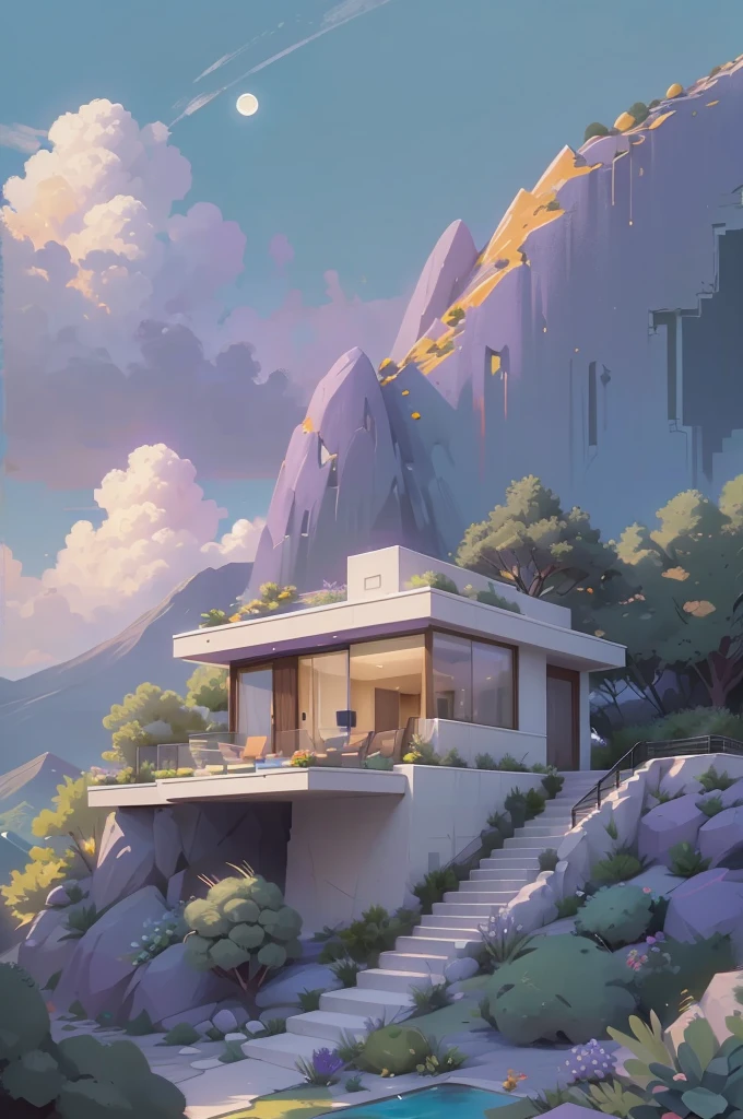 small and beautiful modern house in top of big boulders, terraces, pool, stairs, multiple cacti gardens, palms, trees, rocks, beautiful landscape design, mountains and volcano y background, amazing clouds, sun, moon, planets, milky way galaxy, concrete, wood, glass and steel materials, olive green, violet, orange and withe colors in facade