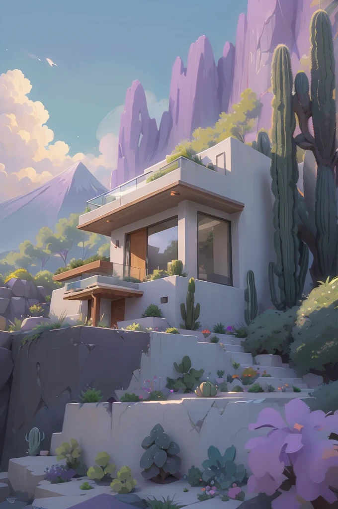 small and beautiful modern house in top of big boulders, terraces, pool, stairs, multiple cacti gardens, palms, trees, rocks, beautiful landscape design, mountains and volcano y background, amazing clouds, sun, moon, planets, milky way galaxy, concrete, wood, glass and steel materials, olive green, violet, orange and withe colors in facade