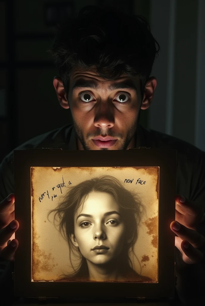 3. **The Photograph**: Inside the box, a blurred, burned photograph of a face, with a strange and frightening glow. The photo has "Every night, a new face" written on it.
Amar’s Face**: Amar’s eyes should be wide and astonished, his bones and skin tense. His shadow is cast by the light from inside the box.
