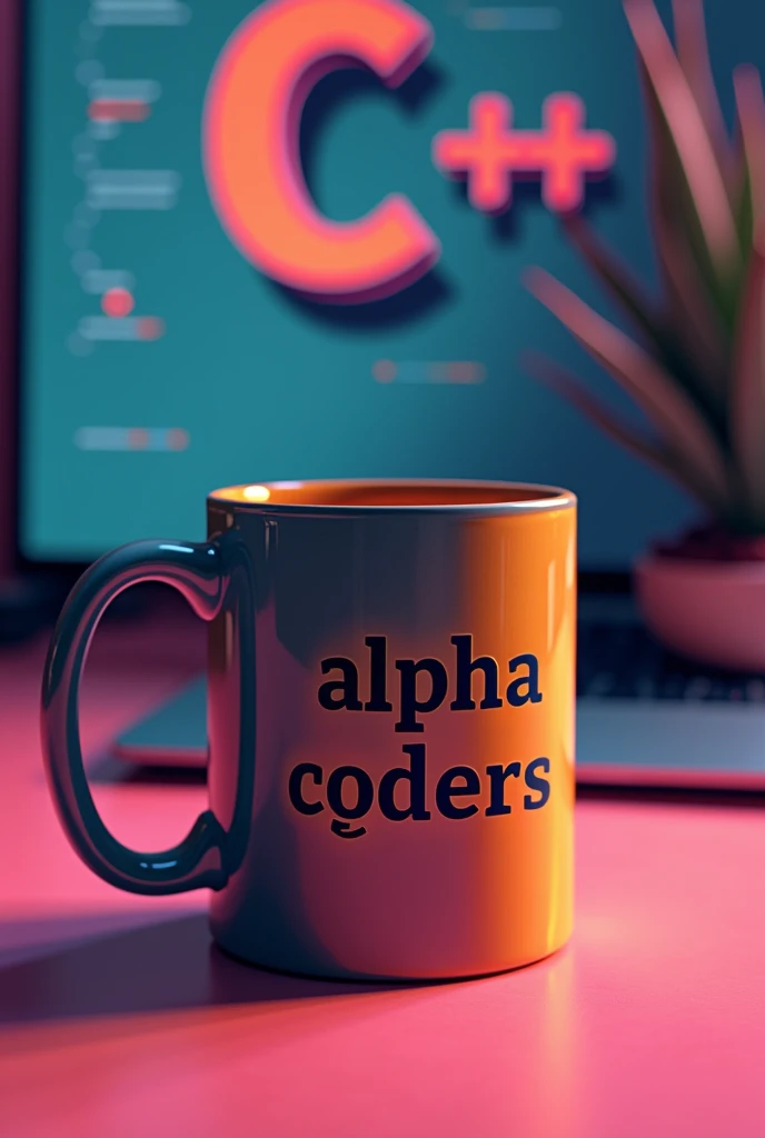 Coffee mug with a youthful design, with an engraving that says "alpha C0ders", which reflects youth, intelligence, perseverance, courage. In the background a wall with a large painting with the logo of the C/C++ programming language