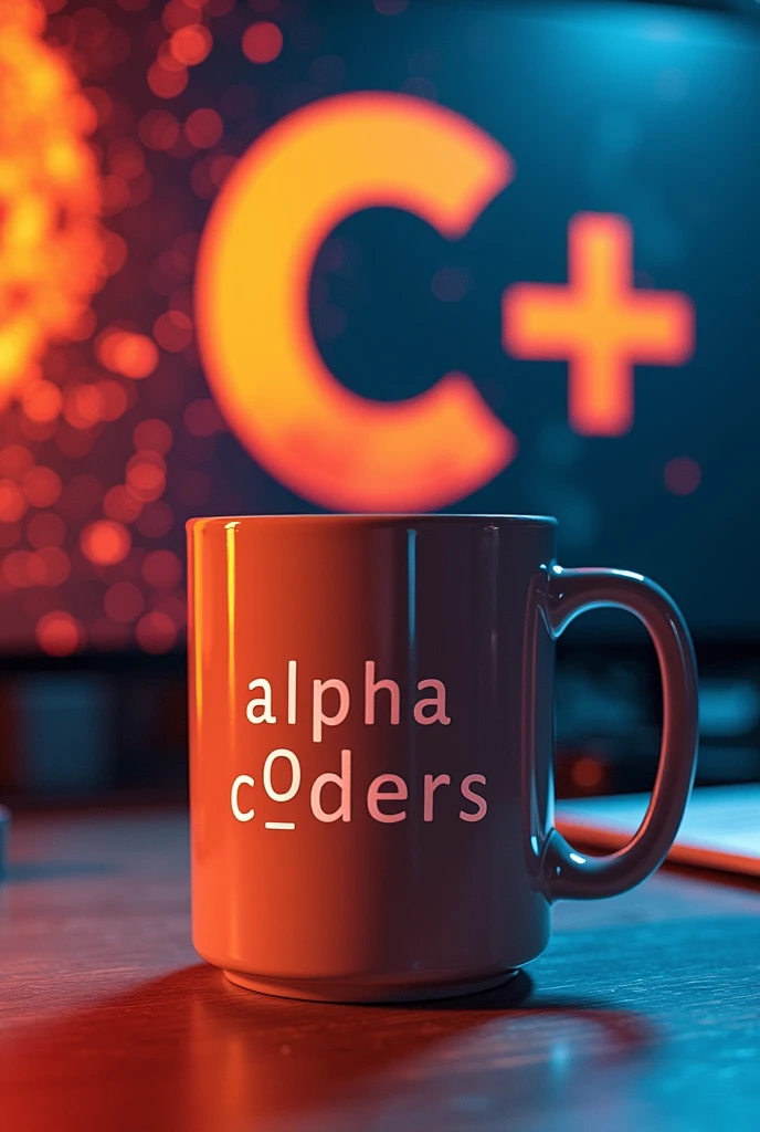 Coffee mug with a youthful design, with an engraving that says "alpha C0ders", which reflects youth, intelligence, perseverance, courage. In the background a wall with a large painting with the logo of the C/C++ programming language