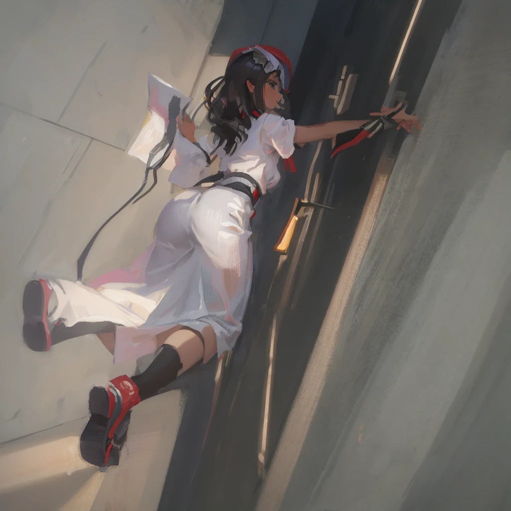 A woman's back view flying with her arms outstretched in a pose that resembles a cloud in the sky.