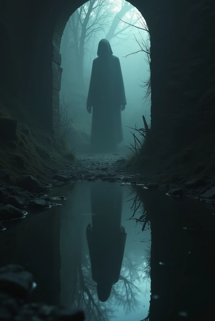 A shadowy figure visible in the reflection of the well’s water. The figure is indistinct, creating an eerie and unsettling image. The well is dimly lit, with the surroundings darkened to emphasize the mysterious nature of the reflection