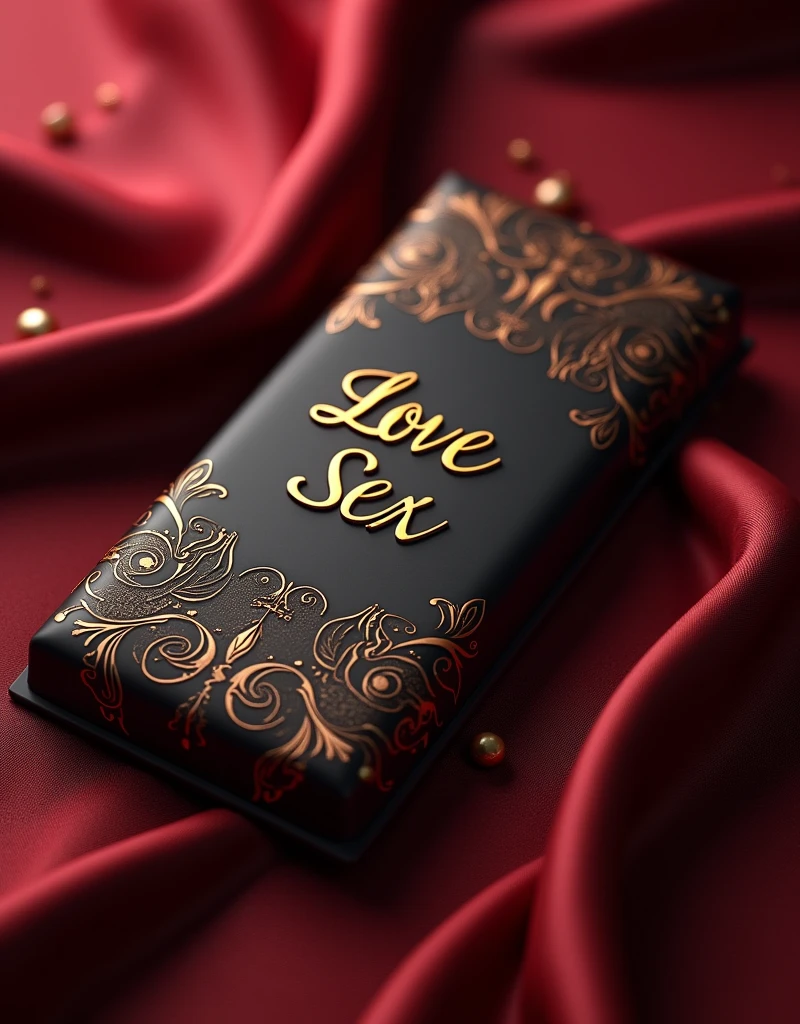 "Create a visually stunning image of an exotic, luxurious chocolate bar with the name 'LOVE SEX' elegantly embossed on the wrapper. The chocolate should have a rich, dark appearance with a hint of gloss, suggesting high quality. The packaging should be seductive and modern, using deep, sensual colors like dark red, black, or gold. Incorporate subtle, intricate patterns or textures that evoke a sense of desire and fantasy. The overall aesthetic should be both classy and provocative, appealing to an adult audience."