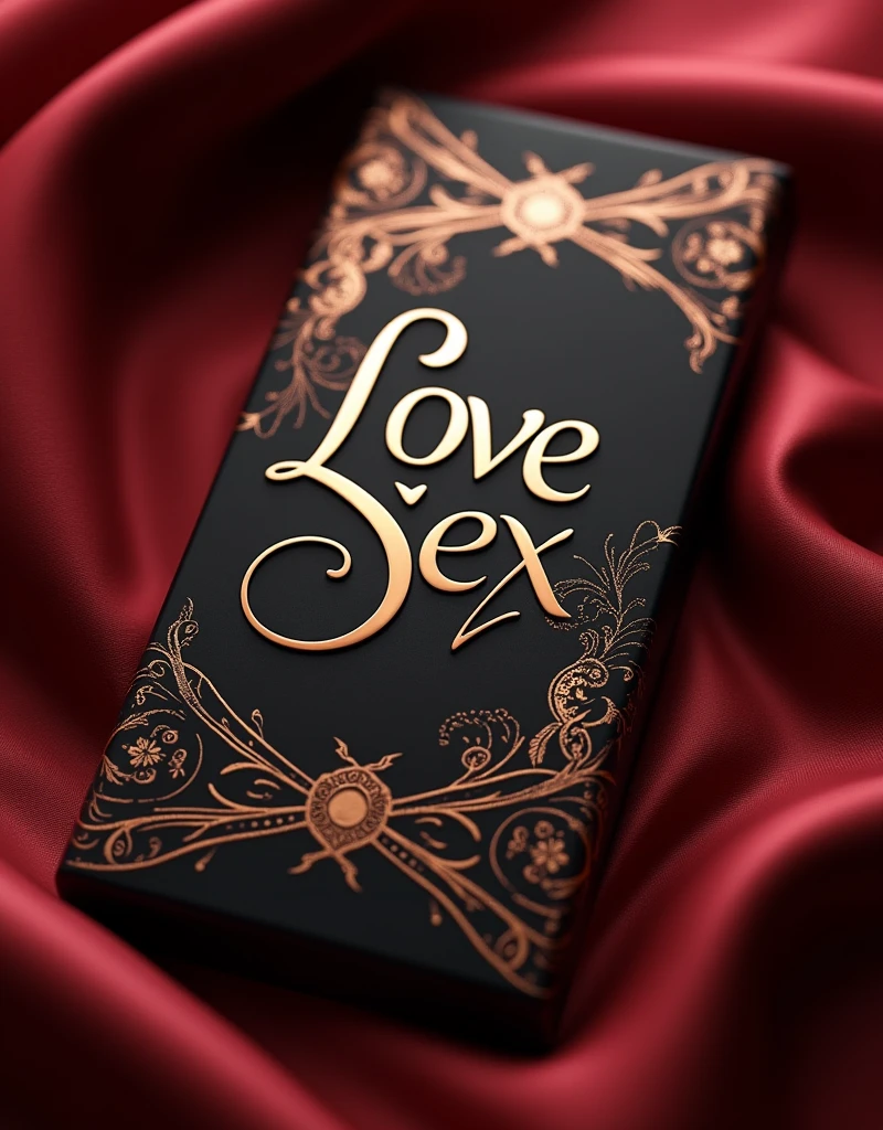 "Create a visually stunning image of an exotic, luxurious chocolate bar with the name 'LOVE SEX' elegantly embossed on the wrapper. The chocolate should have a rich, dark appearance with a hint of gloss, suggesting high quality. The packaging should be seductive and modern, using deep, sensual colors like dark red, black, or gold. Incorporate subtle, intricate patterns or textures that evoke a sense of desire and fantasy. The overall aesthetic should be both classy and provocative, appealing to an adult audience."