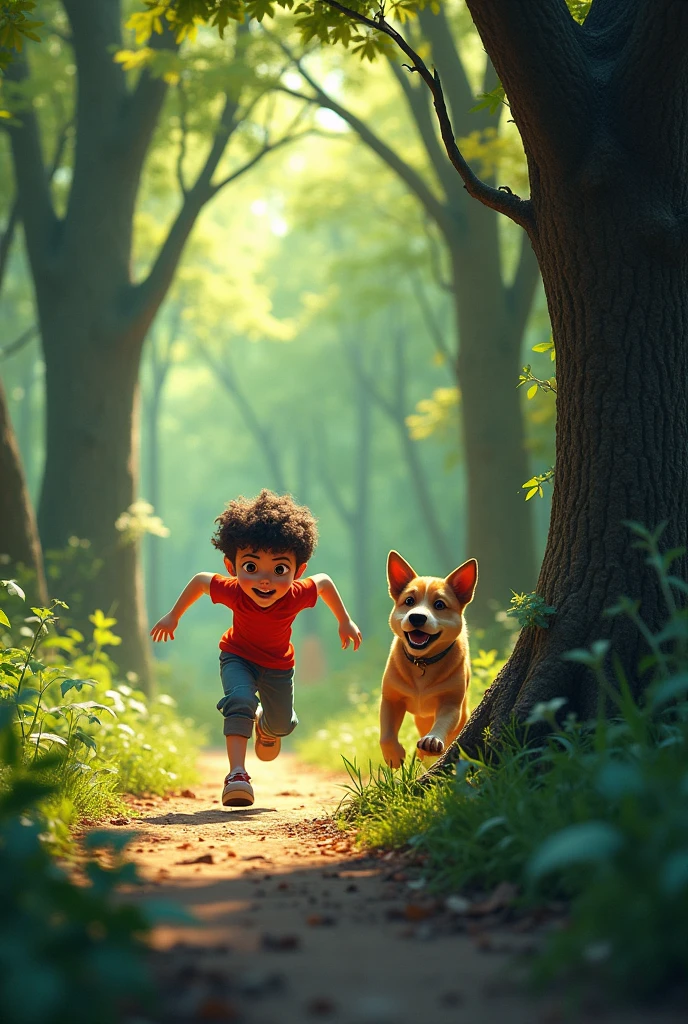 Scene 4: The dog chases after the boy, the distance closing. The boy tries to run faster. Scene 5: The Boy's Hideout The boy hides behind a tree. The dog tries to find the boy by circling the tree. Scene 6: The dog goes away. After some time, the dog gets tired and goes back. The boy comes out from behind the tree and breathes a sigh of relief.