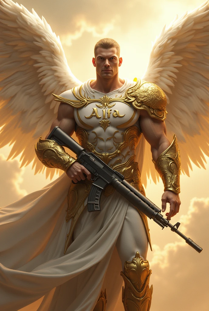 A Warrior Angel in white and gold colors holding an ak47 and the name Alfa on the chest