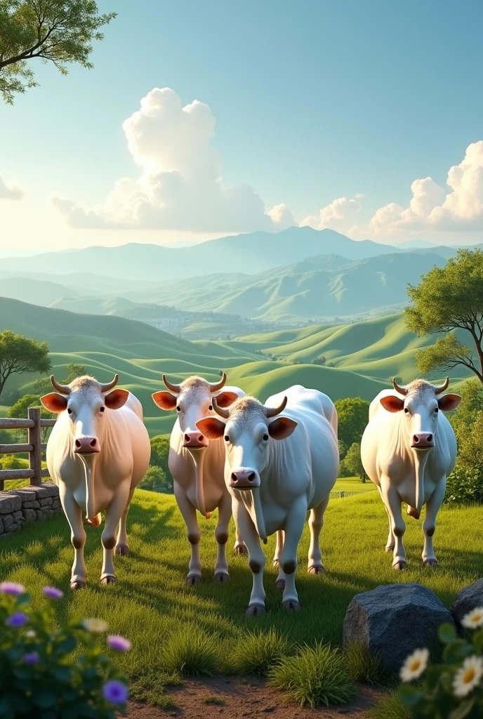 a cattle farm with a hills view, and showing 4 limousine cows