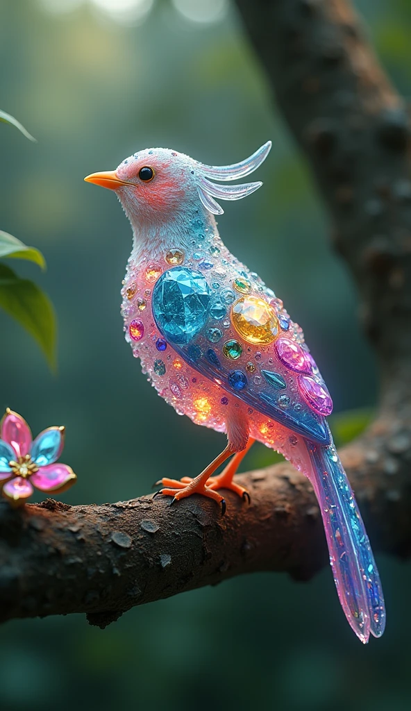 (((小鳥の体teeth透明で透けている)))Forbes Diamond「Little bird on a tree」teeth、The protagonist is portrayed naturally and realistically.。, Highly detailed and photorealistic, Render the background, Photorealistic concept art, Hyperreal Rendering, Red realistic 3D rendering, Bird Society, Photorealistic images, Highly detailed and photorealistic, Ultra-realistic detailed rendering, Realistic detailed images, Highly detailed rendering, High quality rendering,((A fictional bird with many colorful jewels on its body.))Birds of toumei,His whole body is covered in colored gems,The tail is also covered with jewels