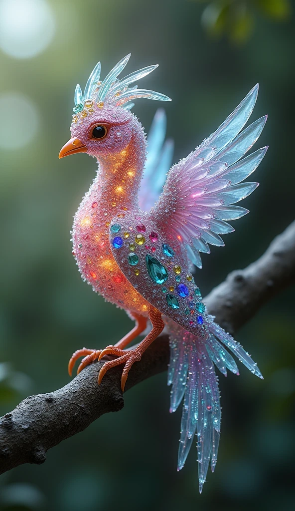 (((小鳥の体teeth透明で透けている)))Forbes Diamond「Little bird on a tree」teeth、The protagonist is portrayed naturally and realistically.。, Highly detailed and photorealistic, Render the background, Photorealistic concept art, Hyperreal Rendering, Red realistic 3D rendering, Bird Society, Photorealistic images, Highly detailed and photorealistic, Ultra-realistic detailed rendering, Realistic detailed images, Highly detailed rendering, High quality rendering,((A fictional bird with many colorful jewels on its body.))Birds of toumei,His whole body is covered in colored gems,The tail is also covered with jewels